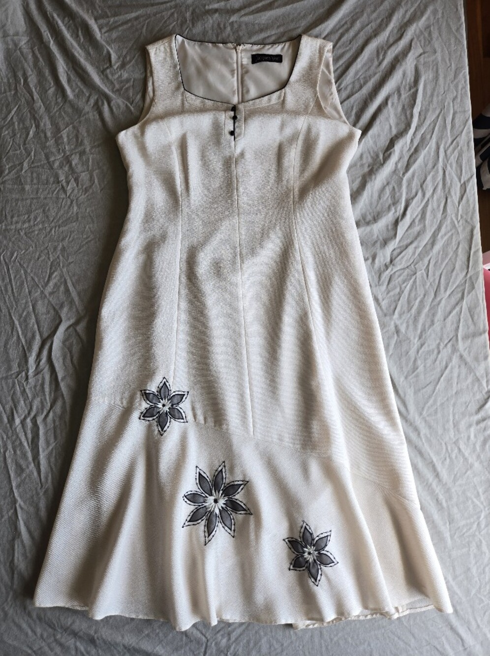 Jacques Vert Sleeveless Cream Midi Dress with Black Floral Appliqué